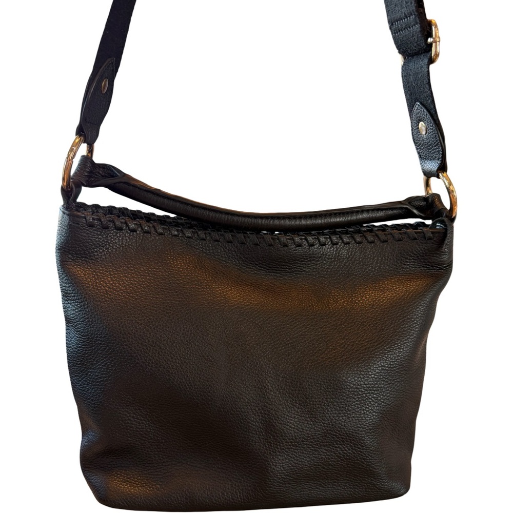 Tommy Bahama Black Pebble Leather Shoulder Bag with Front Zip-Dual Straps - Picture 4 of 6